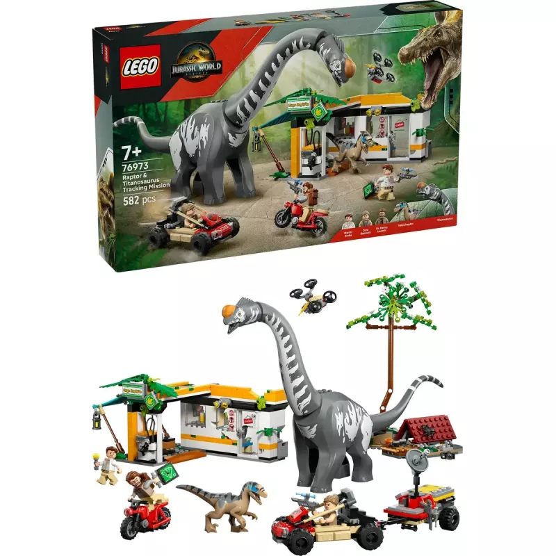 Conjunto LEGO Jurassic World 76973 — Raptor & Titanosaurus com 3 figuras, 582 peças, a partir dos 7 anos