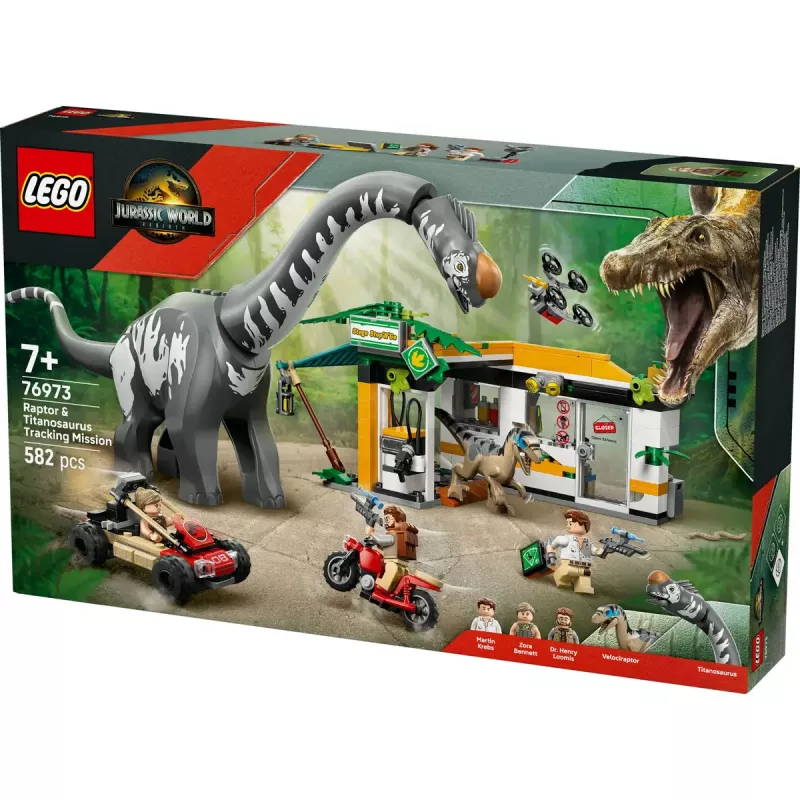 Conjunto LEGO Jurassic World 76973 — Raptor & Titanosaurus com 3 figuras, 582 peças, a partir dos 7 anos