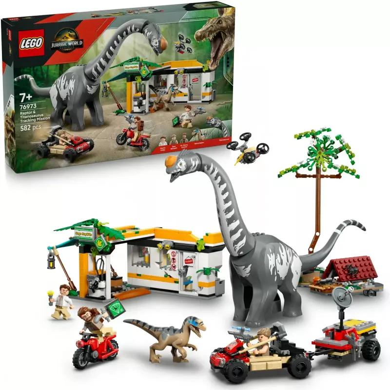 Conjunto LEGO Jurassic World 76973 — Raptor & Titanosaurus com 3 figuras, 582 peças, a partir dos 7 anos