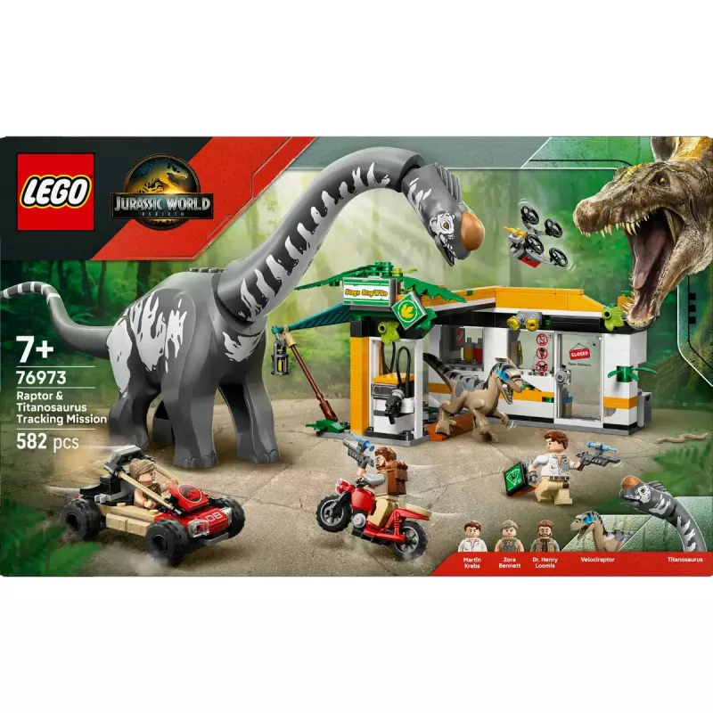 Conjunto LEGO Jurassic World 76973 — Raptor & Titanosaurus com 3 figuras, 582 peças, a partir dos 7 anos