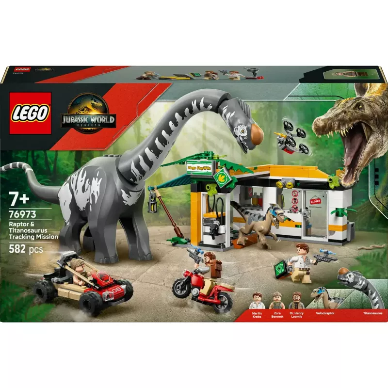 Conjunto LEGO Jurassic World 76973 — Raptor & Titanosaurus com 3 figuras, 582 peças, a partir dos 7 anos