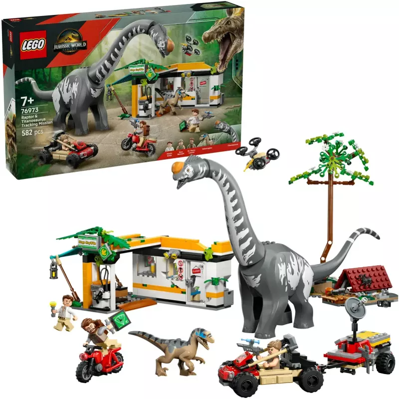 Conjunto LEGO Jurassic World 76973 — Raptor & Titanosaurus com 3 figuras, 582 peças, a partir dos 7 anos