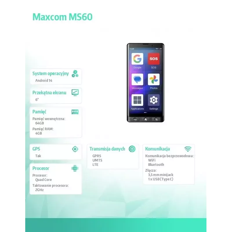 MAXCOM MS601 4G smartphone para seniores, 6 polegadas, 4GB/64GB, Android 14, preto