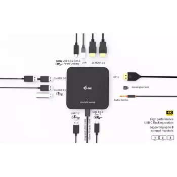 Docking station i-tec USB-C DP Dual HDMI com Power Delivery 100 W + carregador universal 100 W