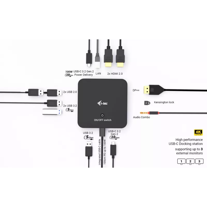 Docking station i-tec USB-C DP Dual HDMI com Power Delivery 100 W + carregador universal 100 W