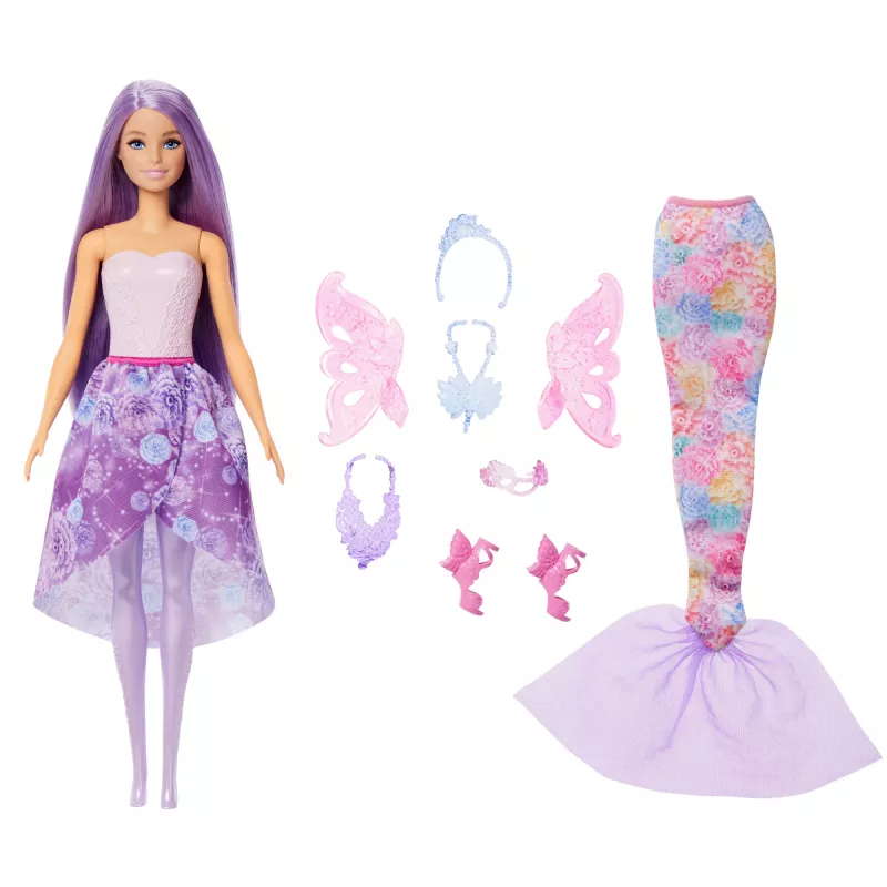 Conjunto de moda de fantasia para boneca Barbie com acessórios, incluindo cauda de sereia, asas de fada e colares