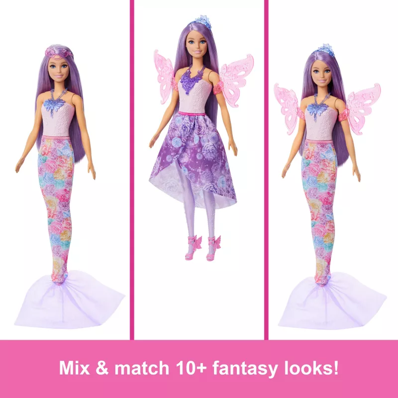 Conjunto de moda de fantasia para boneca Barbie com acessórios, incluindo cauda de sereia, asas de fada e colares