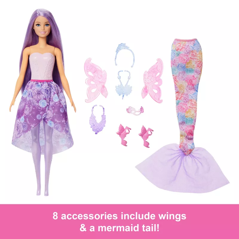 Conjunto de moda de fantasia para boneca Barbie com acessórios, incluindo cauda de sereia, asas de fada e colares
