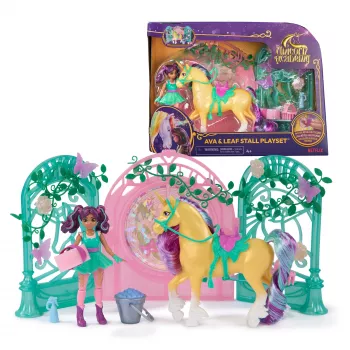 Unicorn Academy, boneca Ava & conjunto de brincar estábulo de folhas com mudança de cor, ideia de presente de Páscoa, 15 acessórios, bonecas & brinquedo de unicórnio para raparigas a partir dos 4 anos