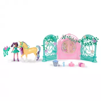 Unicorn Academy, boneca Ava & conjunto de brincar estábulo de folhas com mudança de cor, ideia de presente de Páscoa, 15 acessórios, bonecas & brinquedo de unicórnio para raparigas a partir dos 4 anos