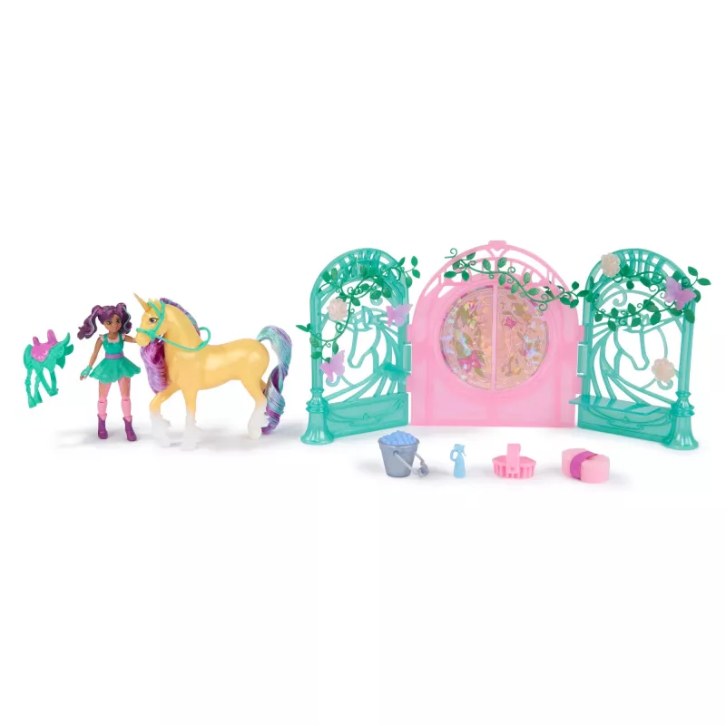 Unicorn Academy, boneca Ava & conjunto de brincar estábulo de folhas com mudança de cor, ideia de presente de Páscoa, 15 acessórios, bonecas & brinquedo de unicórnio para raparigas a partir dos 4 anos