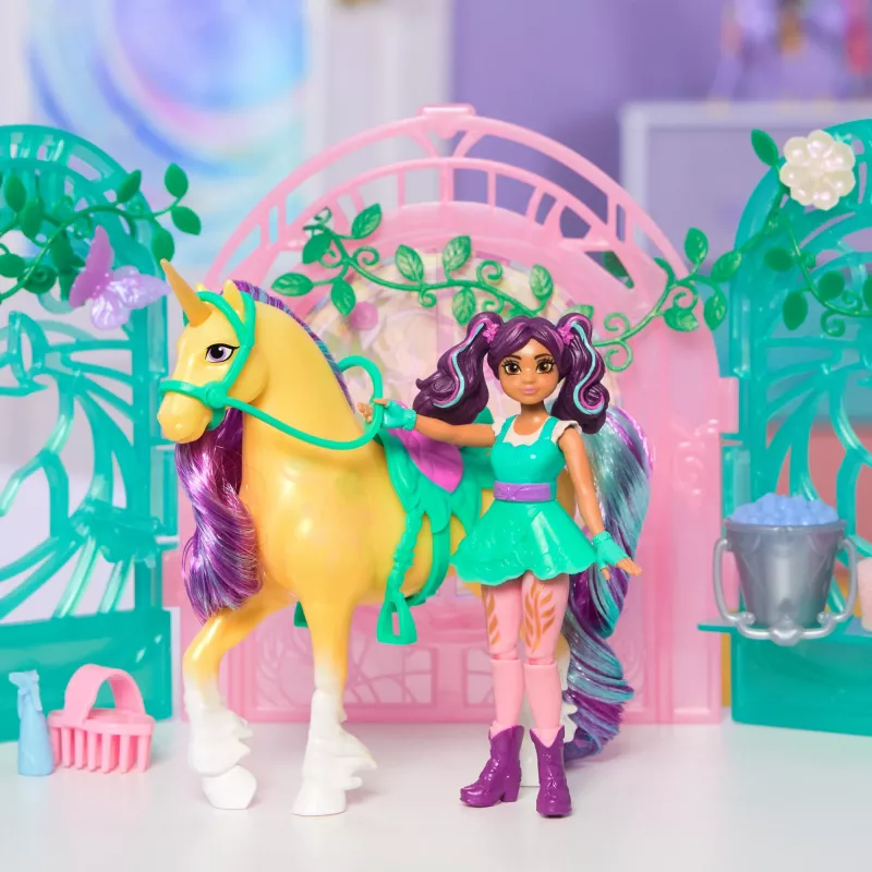 Unicorn Academy, boneca Ava & conjunto de brincar estábulo de folhas com mudança de cor, ideia de presente de Páscoa, 15 acessórios, bonecas & brinquedo de unicórnio para raparigas a partir dos 4 anos