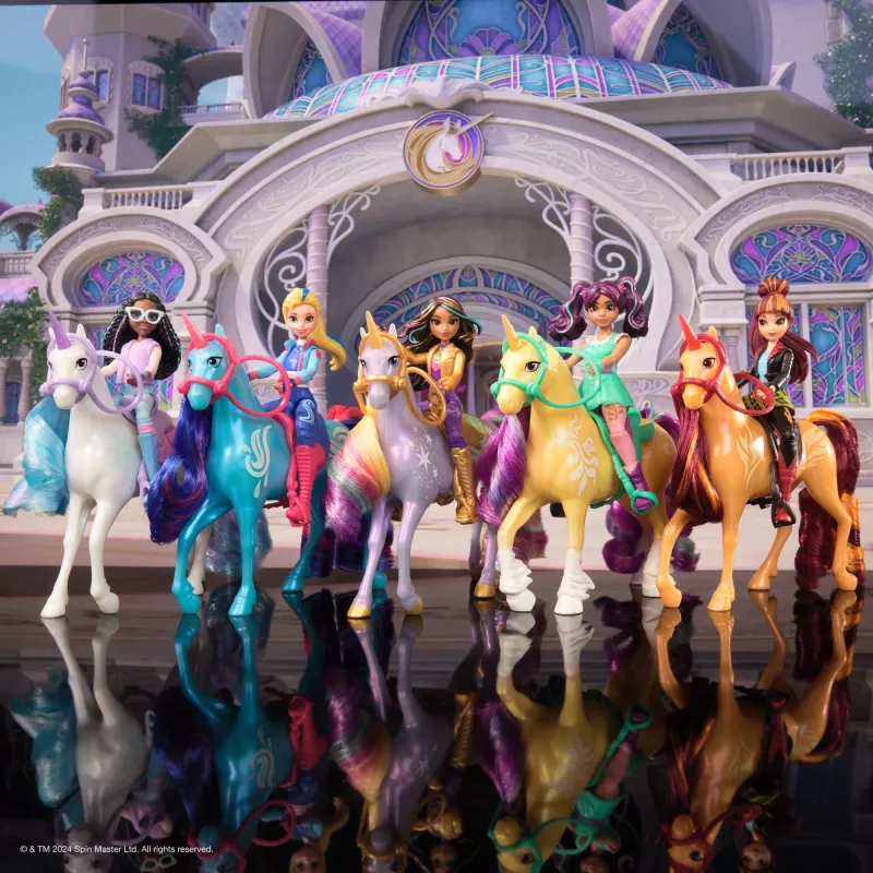 Unicorn Academy, boneca Ava & conjunto de brincar estábulo de folhas com mudança de cor, ideia de presente de Páscoa, 15 acessórios, bonecas & brinquedo de unicórnio para raparigas a partir dos 4 anos