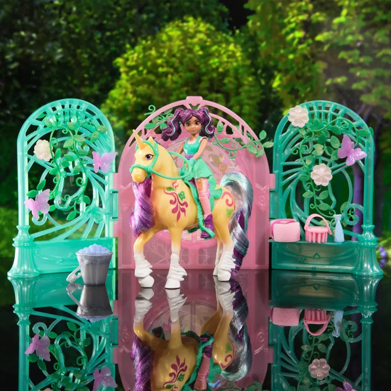 Unicorn Academy, boneca Ava & conjunto de brincar estábulo de folhas com mudança de cor, ideia de presente de Páscoa, 15 acessórios, bonecas & brinquedo de unicórnio para raparigas a partir dos 4 anos