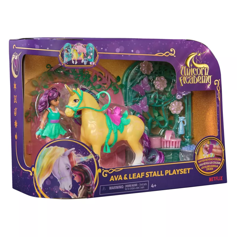 Unicorn Academy, boneca Ava & conjunto de brincar estábulo de folhas com mudança de cor, ideia de presente de Páscoa, 15 acessórios, bonecas & brinquedo de unicórnio para raparigas a partir dos 4 anos