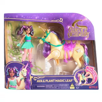Unicorn Academy, Ava & folha de magia das plantas com efeito de luz, 2 acessórios de equitação, bonecas & brinquedo de unicórnio para raparigas a partir dos 4 anos