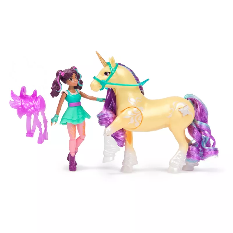 Unicorn Academy, Ava & folha de magia das plantas com efeito de luz, 2 acessórios de equitação, bonecas & brinquedo de unicórnio para raparigas a partir dos 4 anos