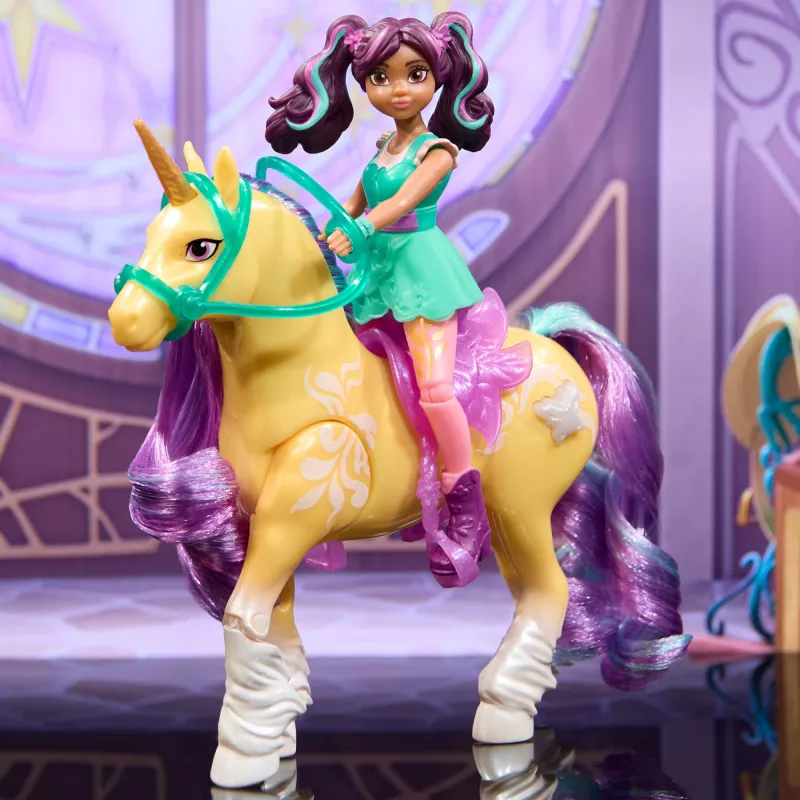 Unicorn Academy, Ava & folha de magia das plantas com efeito de luz, 2 acessórios de equitação, bonecas & brinquedo de unicórnio para raparigas a partir dos 4 anos