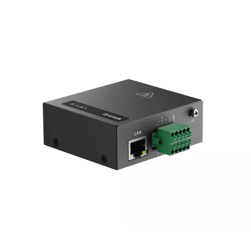 D-Link DOM-311-TSO 4G LTE IIoT RTU gateway, Ethernet 10/100 Mbit/s, RS-232/485, Nano SIM, 2 antenas externas amovíveis, 9–36 V DC, preta
