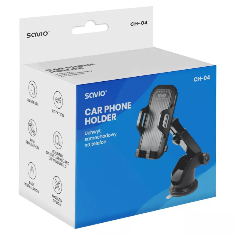 Savio CH-04 suporte de telemóvel para automóvel, fixação no para-brisas/tablier, preto