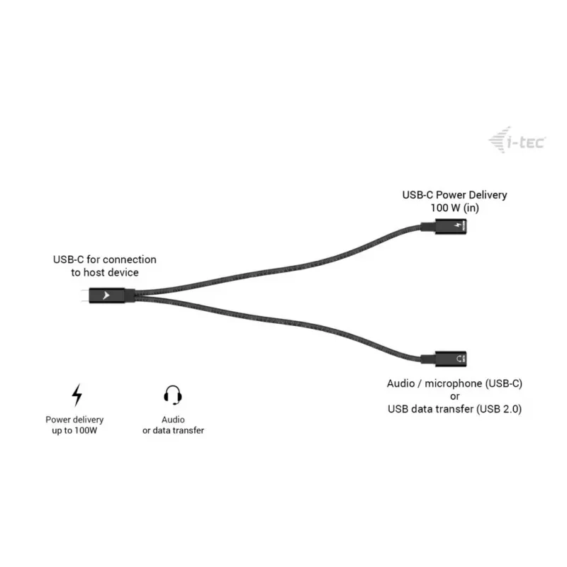 Divisor de cabo USB-C i-tec áudio/dados + Power Delivery 100 W