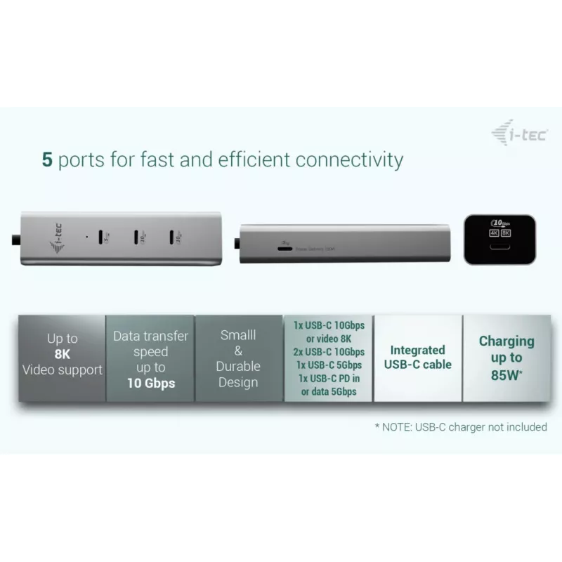 HUB de carregamento USB-C i-tec Metal 5 portas com vídeo USB-C 8K + Power Delivery 85W