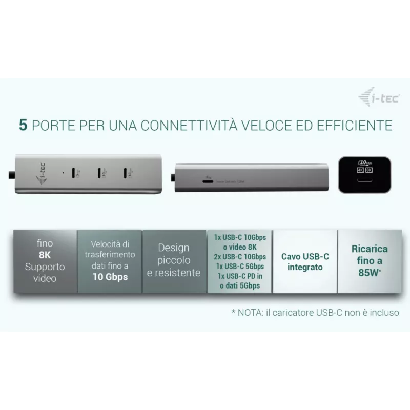 HUB de carregamento USB-C i-tec Metal 5 portas com vídeo USB-C 8K + Power Delivery 85W
