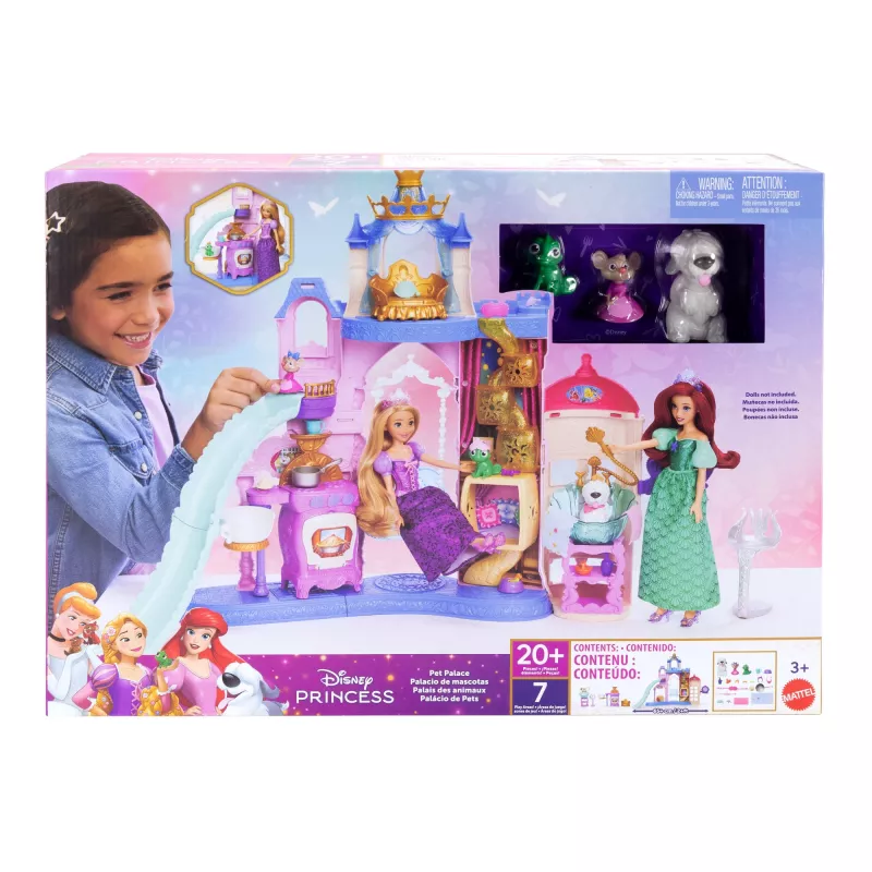 Conjunto de brincar Disney Princess Pet Palace com 7 áreas de brincar, 3 amigos animais e mais de 20 acessórios e peças de mobiliário