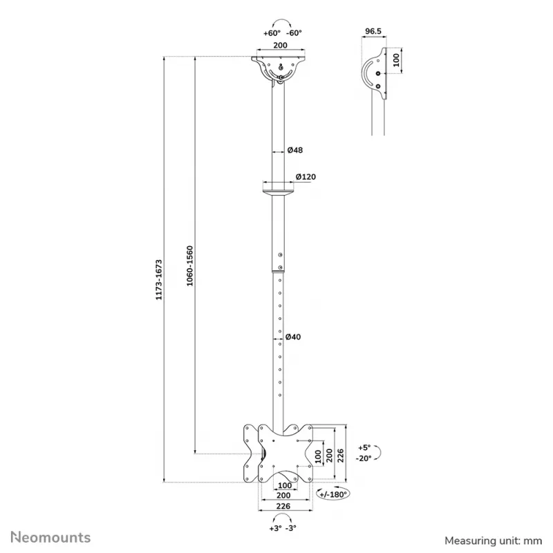 Suporte de teto para TV Neomounts CL35-340BL22 peso máx. 45 kg 23-42 polegadas