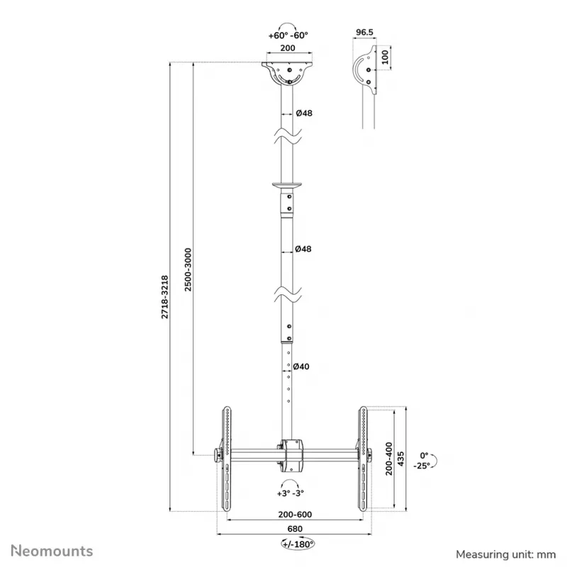 Suporte de teto Neomounts CL35-440BL16XL máx 50 kg 37-70 polegadas