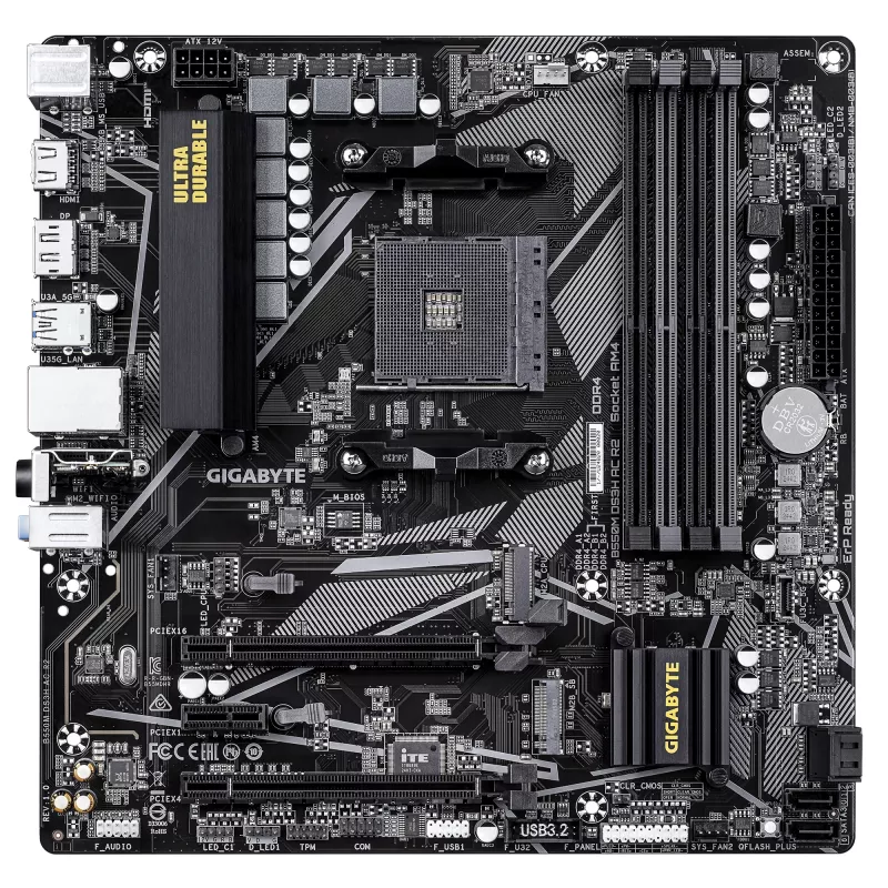 Placa-mãe GIGABYTE B550M DS3H AC R2 - CPUs AMD Ryzen 5000, VRM 5+3 fases, até 4733 MHz DDR4 (OC), 1x PCIe 4.0 + 1x PCIe 3.0 M.2, Wi-Fi 5, 1 GbE LAN, USB 3.2 Gen 1
