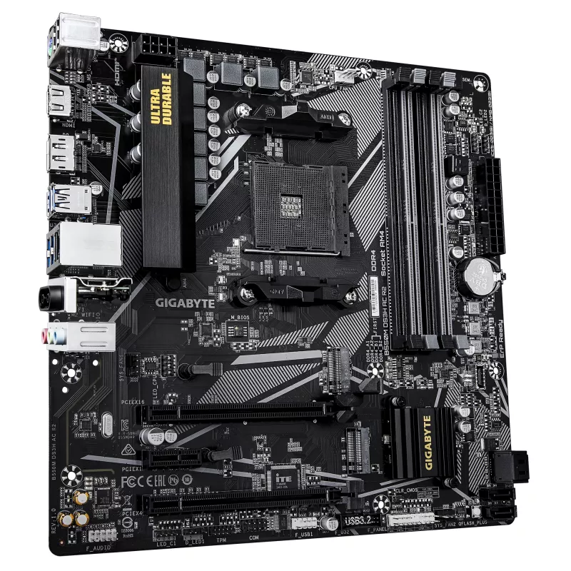 Placa-mãe GIGABYTE B550M DS3H AC R2 - CPUs AMD Ryzen 5000, VRM 5+3 fases, até 4733 MHz DDR4 (OC), 1x PCIe 4.0 + 1x PCIe 3.0 M.2, Wi-Fi 5, 1 GbE LAN, USB 3.2 Gen 1