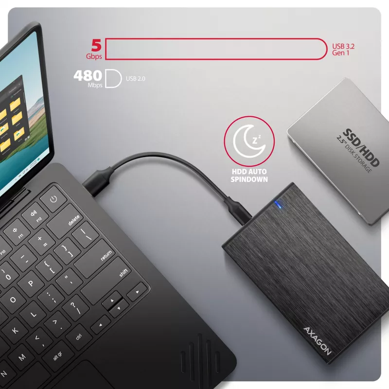 Axagon EE25-XA6C caixa externa compacta de alumínio USB-C 5 Gbit/s – SATA 6G para SSD/HDD de 2,5 inch