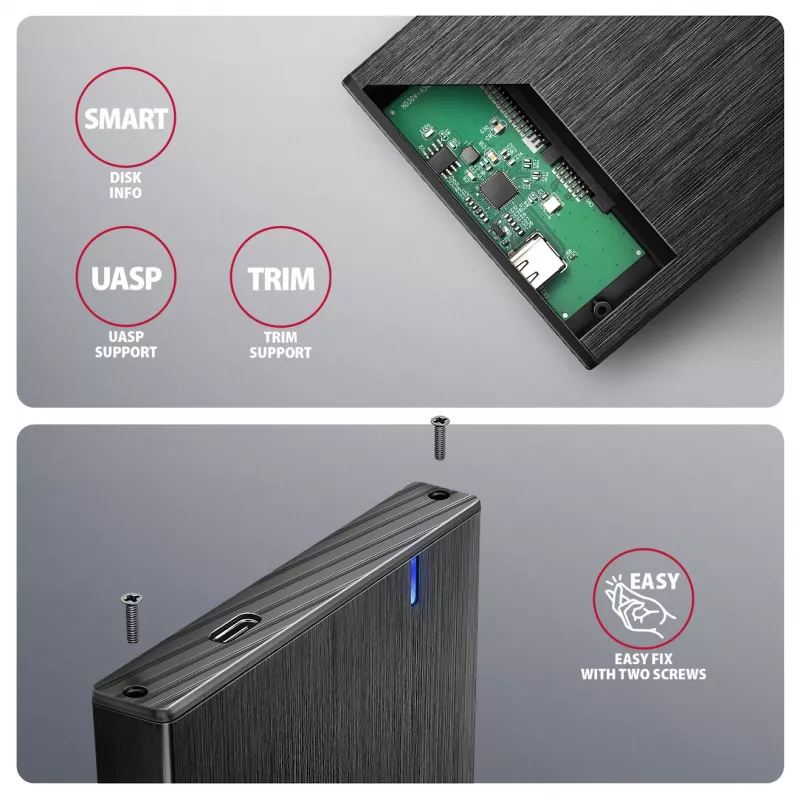 Axagon EE25-XA6C caixa externa compacta de alumínio USB-C 5 Gbit/s – SATA 6G para SSD/HDD de 2,5 inch