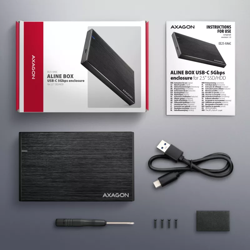 Axagon EE25-XA6C caixa externa compacta de alumínio USB-C 5 Gbit/s – SATA 6G para SSD/HDD de 2,5 inch