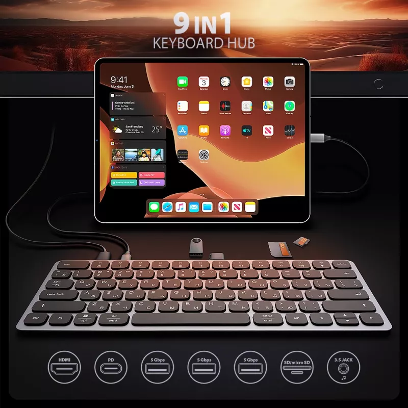 Axagon HMC-KB-CRL, hub USB 5Gbps com teclado, HDMI 4K/60Hz, 3x USB-A, SD/mSD, áudio, PD100, layout cirílico