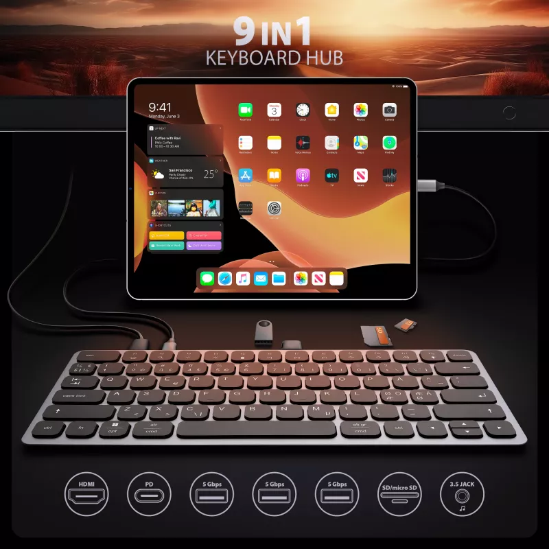 Axagon HMC-KB-NRD, hub USB 5Gbps com teclado, HDMI 4K/60Hz, 3x USB-A, SD/mSD, áudio, PD100, layout nórdico
