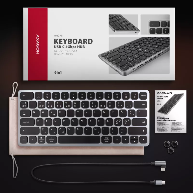 Axagon HMC-KB-NRD, hub USB 5Gbps com teclado, HDMI 4K/60Hz, 3x USB-A, SD/mSD, áudio, PD100, layout nórdico