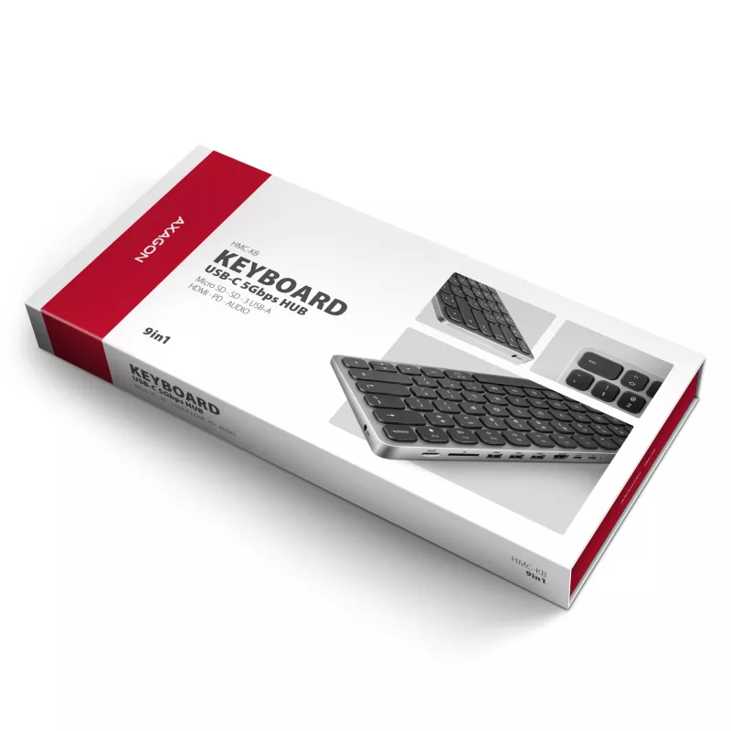 Axagon HMC-KB-NRD, hub USB 5Gbps com teclado, HDMI 4K/60Hz, 3x USB-A, SD/mSD, áudio, PD100, layout nórdico