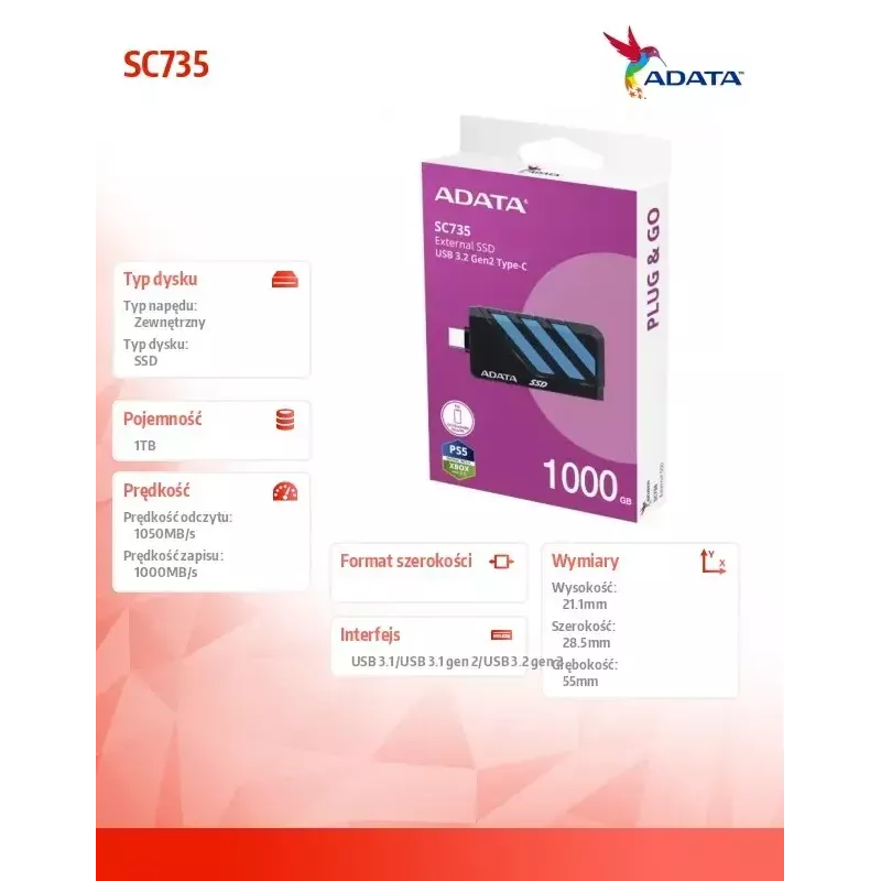 SSD externo ADATA 1 TB 2,5 inch USB 3.2 SC735