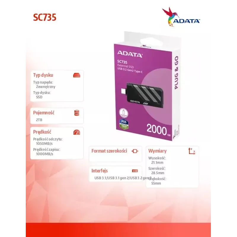 Disco SSD ADATA 2 TB externo SC735 U3.2C cinzento