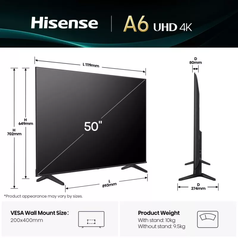 Televisor Hisense 50A6Q 127 cm (50 polegadas) 4K Ultra HD Smart TV Wi-Fi preto 200 cd/m²