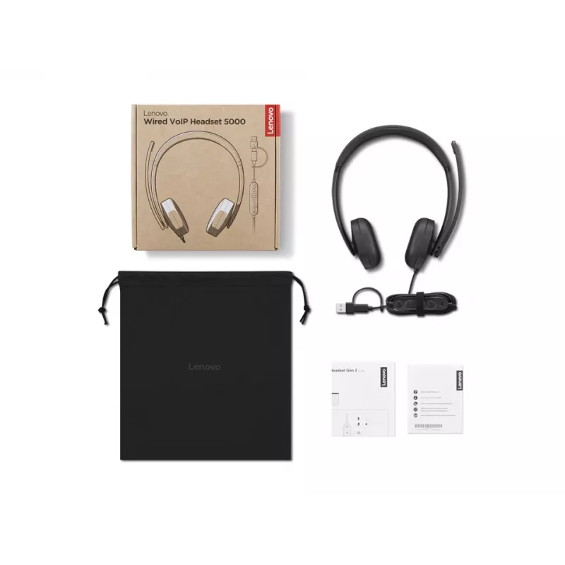 Headset VoIP Lenovo 5000 com fio de arco de cabeça escritório/call center USB Type-C preto
