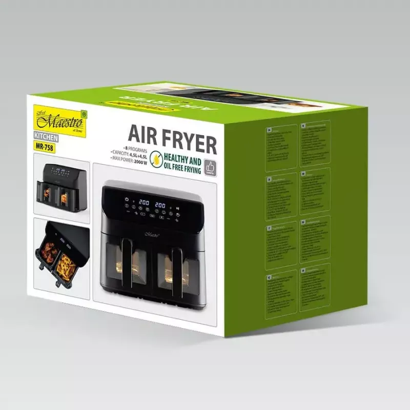 Maestro MR-758 fritadeira de ar com dois cestos, 2 x 4,5 l (9 l), 2000 W, 80–200°C, 8 programas, preta