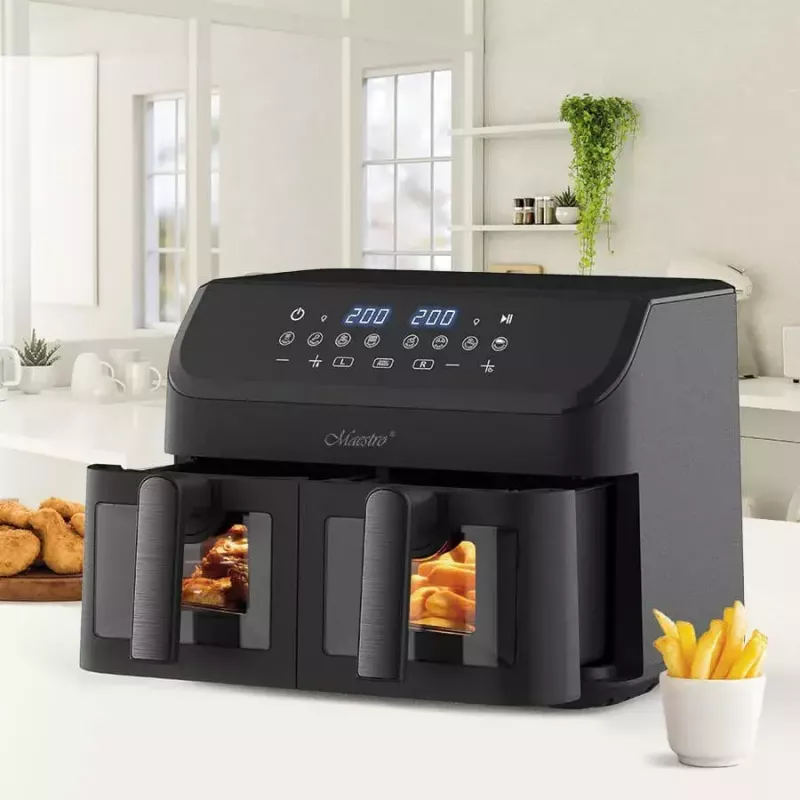 Maestro MR-758 fritadeira de ar com dois cestos, 2 x 4,5 l (9 l), 2000 W, 80–200°C, 8 programas, preta