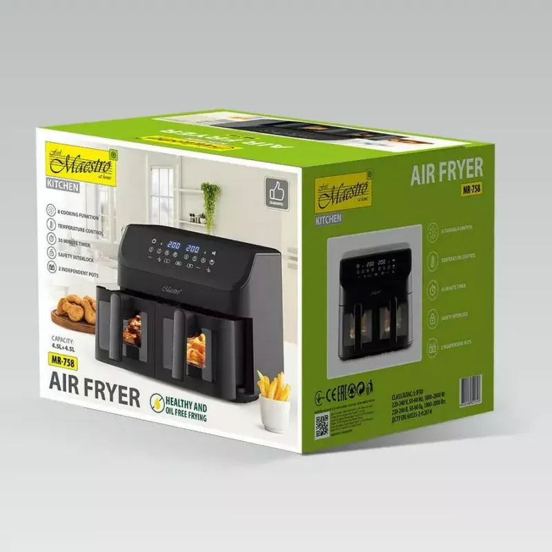 Maestro MR-758 fritadeira de ar com dois cestos, 2 x 4,5 l (9 l), 2000 W, 80–200°C, 8 programas, preta