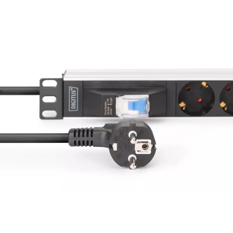 DIGITUS DN-95439 PDU de alumínio para bastidor de 19 polegadas 1U, 7 tomadas Schuko, disjuntor, 16 A, 4000 W, 230 V, 50/60 Hz, cabo de 1,8 m