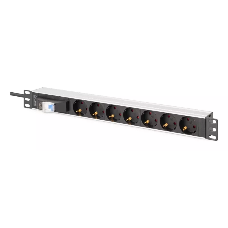 DIGITUS DN-95439 PDU de alumínio para bastidor de 19 polegadas 1U, 7 tomadas Schuko, disjuntor, 16 A, 4000 W, 230 V, 50/60 Hz, cabo de 1,8 m