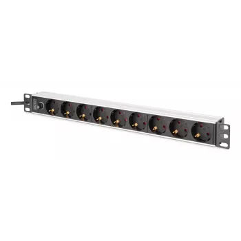 DIGITUS PDU - 1U rackmount alumínio 8x tomada CEE 7/7 1x tomada 10A ficha 250VAC 50/60Hz ficha IEC C14 fusível de proteção