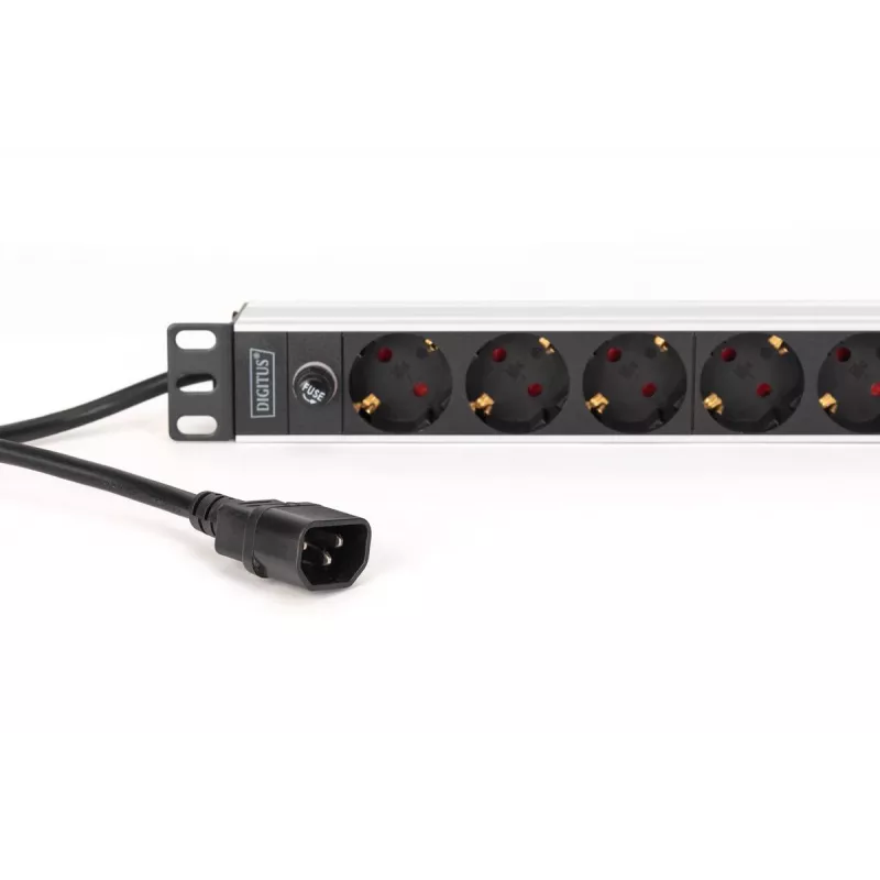 DIGITUS PDU - 1U rackmount alumínio 8x tomada CEE 7/7 1x tomada 10A ficha 250VAC 50/60Hz ficha IEC C14 fusível de proteção